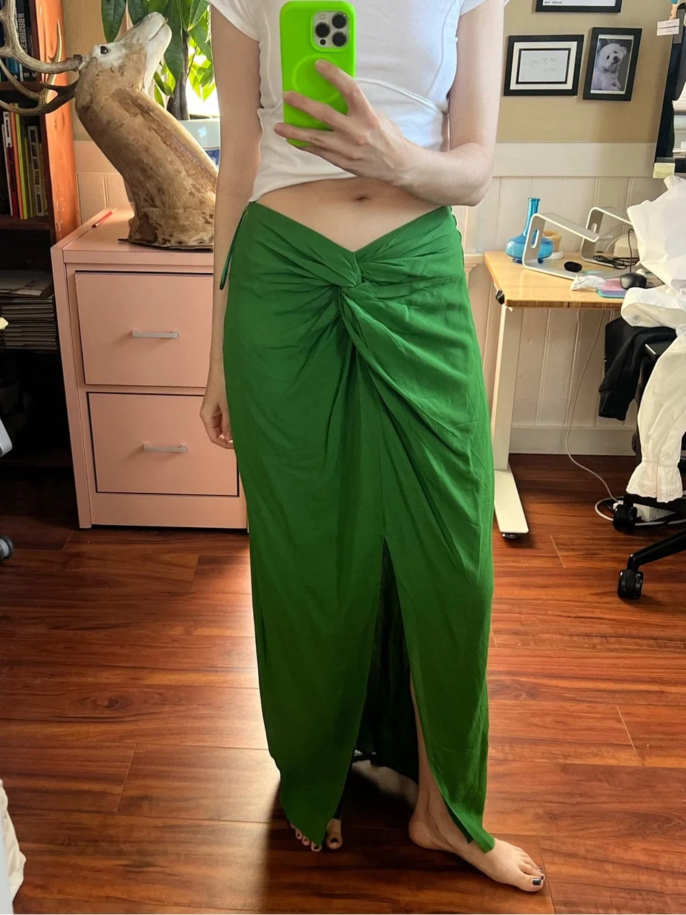 Reformation Alana Knot-Front Skirt in Kelly GreenMaxi Skirt